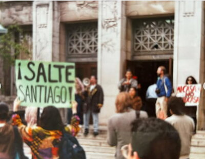 Students gather outside the Henry Administration Building on May 5, 1992